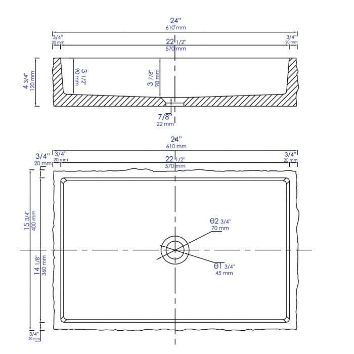 ALFI brand ABCO24R 24" Solid Concrete Chiseled Style Above Mount Vessel Sink